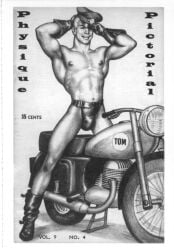 1959 1boy adjusting_hat almost_naked almost_nude areola biker black_and_white gloves male male_only motorcycle nipples postcard tom_of_finland vintage