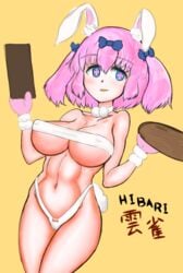 bikini blue_eyes blush breasts bunny_ears bunny_girl bunny_tail cross-shaped_pupils fake_animal_ears fake_tail gloves hair_ornament hair_ribbon hibari_(senran_kagura) large_breasts looking_at_viewer menu micro_bikini midriff nipples open_mouth panties pink_hair ruradish01 senran_kagura short_hair smile thick_thighs thighs thong tray twintails underwear unusual_pupils wide_hips