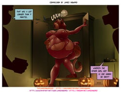 1girls absurd_res belly big_belly burping clothing costume demon english_text felid female female_focus female_pred female_prey furaffinity_username halloween hi_res holding_belly holidays inkbunny_username james_howard mammal oral_vore pantherine party serona_shea solo_focus text tiger vore wide_hips