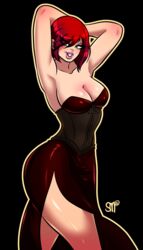 arms_above_head bare_shoulders cleavage corset dominatrix dress green_eyes leg_slit red_hair scarlett_(uncanny1342) sgtmadness smirk