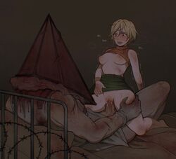 1boy 1girls areolae barbed_wire bed blonde blonde_hair bloody_clothes cheryl_mason cowgirl_position diagnestichesk1 female female_human female_penetrated femsub heather_mason human male male_penetrating male_penetrating_female maledom medium_breasts monster pale_skin penetration pyramid pyramid_head shirt_up short_hair silent_hill silent_hill_2 silent_hill_3 skirt_lift straight tagme vaginal vaginal_penetration veiny_arms wristwear