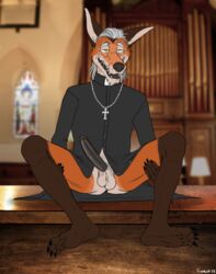 anthro balls canid canine canis cassock church clothed clothing crucifix elderly_male erection foxmusk fur genitals grey_hair hair hi_res humanoid_genitalia humanoid_penis male mammal maned_wolf mature_anthro mature_male penis priest solo virgil_(foxmusk) white_hair