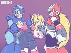 2021 alia android bitebox64 blonde_hair breasts capcom fellatio female male mega_man mega_man_x mmf_threesome nipples oral penetration penis spitroast threesome x_(mega_man) zero_(mega_man)