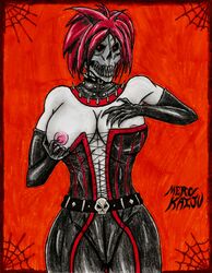 1girls belt big_breasts black_clothing breasts choker gloves goth goth_girl halloween mask merc_kaiju nipples oc original_character pale-skinned_female pale_skin pink_nipples red_eyes red_hair self_upload sharp_teeth showing_breasts skull_mask spikes teasing_nipple tight_clothing traditional_art traditional_media white_skin