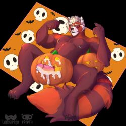 1:1 ailurid anthro big_penis blonde_hair bodily_fluids brown_body cum cum_in_pumpkin donlemurejo ejaculation eyewear fluffy fluffy_tail fluid-body food fruit fucking_pumpkin genital_fluids genital_piercing genitals glasses hair halloween hi_res holidays jack-o'-lantern kamiyu_saeki krepht male mammal muscular nipple_piercing nipples penis penis_piercing piercing plant prince_albert_piercing pumpkin red_body red_panda solo ych_result