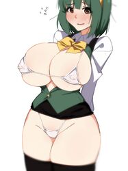 1girls bikini bikini_under_clothes blush breasts breasts_out brown_eyes female green_hair hi_res huge_breasts idolmaster kotori_otonashi kumako_(kumakonoh) micro_bikini nipple_bulge ribbon short_hair solo thick_thighs thighhighs