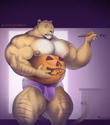 2018 5_fingers abs anthro areola belly biceps big_belly big_biceps big_bulge big_muscles big_pecs biped bodypaint briefs briefs_only brown_body brown_fur brush bulge claws clothed clothing digital_media_(artwork) felid finger_claws fingers fur genital_outline halloween hi_res holding_belly holding_brush holding_object holding_paintbrush holidays huge_biceps huge_muscles huge_thighs hybrid liger lion mainlion male mammal musclegut muscular muscular_thighs nipples paint paintbrush painted_belly pantherine pecs penis_outline pumpkin_belly purple_briefs purple_clothing purple_underwear purrcules_(character) quads roidgut solo standing striped_body striped_fur stripes tan_body tan_fur text thick_thighs tongue tongue_out underwear underwear_only url