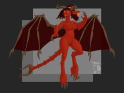 4:3 absurd_res aliasing anthro breasts demon dragon ear_piercing ear_ring female floating genitals hi_res horn jewelry komissar_bav nipples nude pattern_background piercing pussy simple_background solo spacebender tarja_(spacebender) wings