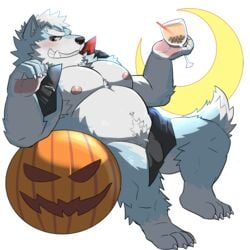 1:1 2021 alpha_channel anthro belly blue_body blush canid canine canis food fruit genitals halloween hi_res holidays kemono male mammal moobs moon nipples penis plant pumpkin simple_background sitting slightly_chubby solo transparent_background v2wolf white_body wolf