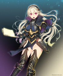 1girls alternate_costume armor armored_boots armored_dress bare_thighs black_capelet black_legwear black_leotard blonde_hair blue_background blue_panties blurry bokeh book boots breastplate breasts capelet clawed_gauntlets commentary corrin_(fire_emblem) corrin_(fire_emblem)_(female) depth_of_field eyebrows_visible_through_hair feet_out_of_frame female_only fire_emblem fire_emblem_fates floating_hair gauntlets gloves groin hair_between_eyes hairband highleg highleg_leotard highres holding holding_book kashiwamochi_yomogi large_breasts leotard leotard_under_clothes light_particles long_hair looking_at_viewer magic medium_breasts momomotakusan nintendo open_book open_hand open_mouth outstretched_arm outstretched_hand panties pelvic_curtain pointy_ears purple_background red_eyes solo thigh_boots thighhighs thighs twitter_username v-shaped_eyebrows yellow_background