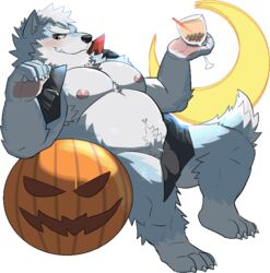 2021 alpha_channel animated anthro belly blue_body blush canid canine canis food fruit genitals halloween holidays kemono male mammal moobs moon nipples penis plant pumpkin short_playtime simple_background sitting slightly_chubby solo transparent_background v2wolf white_body wolf