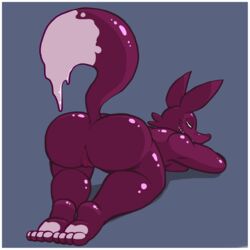 1:1 alpha_channel anthro ass border canid canine crouching feet female fox glistening glistening_body goo_creature grin gud hi_res mammal newd_(fursona) presenting purple_body rule_63 smile solo transparent_border