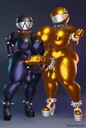 2futas 3d anklewear anthro ass balls big_balls big_breasts big_butt big_penis bracelet breasts chain_chomp collar duo eyelashes fat_ass footwear futa_only futanari genitals gold_chain_chomp gold_skin hi_res high_heels humanoid_genitalia humanoid_penis jewelry mario_(series) neckwear nintendo penis platform_footwear platform_heels smile thick_thighs video_games wristwear wyerframez