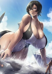 absurd_res animal_humanoid big_breasts black_hair blue_eyes borrowed_character breasts cetacean cetacean_humanoid cleavage commission cora_(the_english_gent) giantess hair hi_res huge_breasts human humanoid large_breasts marine marine_humanoid one-piece_swimsuit orca orca_humanoid packge sea sharp_teeth short_hair sky swimsuit thick_thighs wet wide_hips