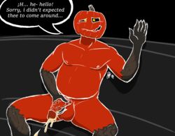 anthro biting_lip black_background cerdeorhys dialogue ejaculation english_text food fruit gesture glowing glowing_eyes greeting hi_res humanoid male masturbation nude orgasm_face outline plant pumpkin pumpkin_head simple_background sitting solo speech_bubble text waving waving_at_viewer waving_hand white_outline