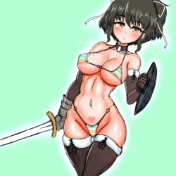 asuka_(senran_kagura) bikini blush breasts brown_hair cleavage collar female_knight gloves hair_ornament hair_ribbon heart heart_tattoo large_breasts looking_at_viewer micro_bikini open_mouth ponytail ruradish01 senran_kagura shield short_hair sweat sword tattoo thick_thighs thighhighs thighs warrior weapon wide_hips yellow_eyes