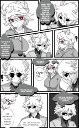 bell big_breasts big_eyes black_sclera coffee coffee_mug comic comic_page demon demon_girl demon_horns dlitzo fangs funamusea incubus kcalb messy_hair naharia nervous nervous_face nervous_sweat oc_x_canon question_mark red_eyes revgelty sam spanish spanish_dialogue spanish_text suit sweater the_gray_garden white_eyes white_pupils white_skin