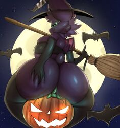 anthro ass bat big_breasts big_butt blazethefox breasts broom chiropteran cleaning_tool clothed clothing cute elbow_gloves female female_penetrated food fruit full_moon fur gloves halloween hi_res holding_butt holidays huge_butt improvised_sex_toy jack-o'-lantern lacy_(blazethefox) latex latex_gloves magic_user mammal moon night penetration plant pumpkin purple_body purple_fur star thong underwear witch