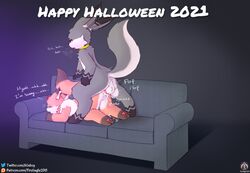 ! 2021 anthro blush bodily_fluids breath collar couch_sex cum cum_in_pussy cum_inside cum_leaking dessert devil_horns_(disambiguation) doggy_style duo english_text female fluffy fluffy_tail food from_behind_position fur furniture genital_fluids genitals grey_body grey_fur halloween hi_res holiday_message holidays inner_ear_fluff iradeon logo long_ears male male/female nia_(senz) nude open_mouth orange_body orange_fur patreon patreon_logo patreon_username pawpads penetration penis pussy sean_(senz) senz sex simple_background sofa text tongue tuft twitter twitter_logo url vaginal_penetration vaginal_penetration yellow_collar