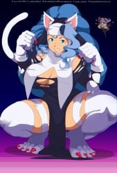 2girls animal_ears big_breasts blue_eyes blue_hair breasts cat_ears cat_girl cat_tail clawed_feet claws darkstalkers dclaret felicia_(darkstalkers) female female_only huge_breasts large_breasts monster_girl nun nun_outfit q-bee smiling tail torn_clothes white_fur wrong_eye_color