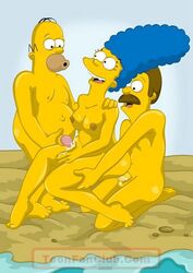 batothecyborg beach breasts color cum day female homer_simpson human male marge_simpson multiple_males ned_flanders nipples nude outdoors penis side_view straight tagme the_simpsons