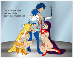 3girls ami_mizuno analingus bishoujo_senshi_sailor_moon bondage breasts clothing collar dialogue female female_only femdom femsub henna_yatsu human leash lezdom minako_aino multiple_females multiple_girls nipples oral_sex rei_hino sailor_mars sailor_mercury sailor_venus skirt small_breasts tagme threesome whip yuri