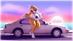 anthro areola bandai_namco big_breasts blue_eyes breasts car digimon digimon_(species) female hand_on_hip hi_res huge_breasts hyper hyper_breasts nipples not_person420 nude renamon solo sunset tail thick_thighs vehicle