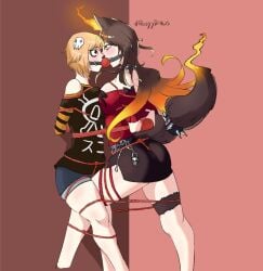 2girls ball_gag blonde_female blonde_hair blue_jean_shorts bondage brown_hair brown_hair_female dog_ears dog_tail flames hairpiece hellhound indie_virtual_youtuber mouth_gag on_model rope_bondage rosyydraws shoulders sinder_(vtuber) skull_hair_ornament skulliana_(vtuber) spiked_collar standing virtual_youtuber wolf wolf_ears wolf_girl wolf_tail