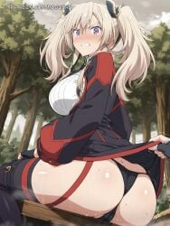 ai_generated ass bench black_gloves black_panties blonde_hair blush breasts cameltoe clenched_teeth clothes_lift dress_lift female fingerless_gloves gloves large_breasts long_hair long_sleeves looking_at_viewer looking_back maou_gakuin_no_futekigousha outdoors panties patreon_username purple_eyes pussy_juice sasha_necron sitting skirt skirt_lift solo_focus sweat teeth the_misfit_of_demon_king_academy thighhighs tree trembling twintails underwear