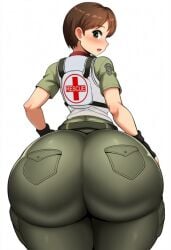 ai_generated anime_style ass ass ass_expansion ass_focus brown_hair bulletproof_vest butt_expansion butt_focus capcom cargo_pants clothing edit expansion green_eyes green_pants growth huge_ass huge_butt hyper_ass medic pockets police police_uniform police_woman rebecca_chambers resident_evil resident_evil_0 s.t.a.r.s short_hair soldier stars tactical_gear tomboy