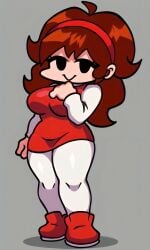 ai_generated alternate_costume auburn_hair black_eyes breasts curvy female friday_night_funkin fully_clothed girlfriend_(friday_night_funkin) pixai red_dress red_hairband red_shoes simple_background solo white_bodysuit