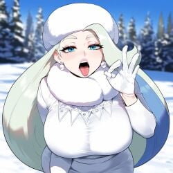 ai_generated big_breasts blue_eyes breasts curvy dark-skinned_male dark_skin earrings fellatio_gesture green_hair huge_breasts juuicyai large_breasts long_hair massive_breasts melony_(pokemon) multicolored_hair narrow_waist pokemon thick_thighs wide_hips