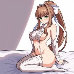 1girl ai_generated bangs blush bow_in_hair clothed curvy doki_doki_literature_club female green_eyes kneeling looking_at_viewer monika_(doki_doki_literature_club) no_bra no_panties ponytail sideboob smile thighhighs turtleneck virgin_killer_sweater white_bow white_sleeves white_sweater white_thighhighs yodayo