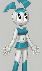 4_fingers ai_generated black_eyes blue_clothing blue_hair fully_clothed jenny_wakeman looking_up my_life_as_a_teenage_robot nickelodeon nicktoons pixai robot_girl robot_humanoid short_skirt simple_background skirt smile taller_girl tubetop twintails xj-9 xj9