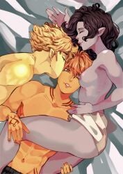 1girls 2boys abs akash:_path_of_the_five ass aurora_(akash) barely_clothed braid breasts elemental_humanoid half-dressed ignatius_(akash) kamii kissing lips long_hair lux_(akash) on_back on_bed orange_hair pointy_ears polyamory purple_hair short_hair tattoo thighs threesome throuple yellow_hair