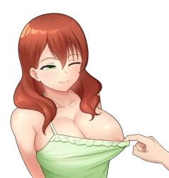 1girls ;) absurdres areola_slip assisted_exposure bare_shoulders breasts camisole camisole_pull closed_mouth clothes_pull emma_verde's_mother freckles green_camisole green_eyes hair_between_eyes hair_over_shoulder highres large_breasts long_hair love_live! love_live!_nijigasaki_high_school_idol_club mature_female no_bra one_eye_closed red_hair simple_background skindentation smile solo_focus upper_body white_background yisusjpl