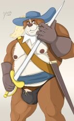 anthro athos_(muskehounds) barely_contained begami belly biceps big_penis bulge canid canine canis clothing collar dogtanian_and_the_three_muskehounds domestic_dog genitals gloves hand_on_sword handwear hat hat_feather headgear headwear hi_res looking_at_viewer loose_feather male mammal mastiff melee_weapon molosser mostly_nude mountain_dog musclegut muscular muscular_anthro muscular_male navel nipples overweight overweight_anthro overweight_male penis pubes saint_bernard sash scabbard solo stubble sword thick_thighs weapon