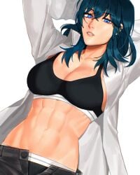 1girls abs black_bra black_panties black_pants black_sports_bra blue_eyes blue_hair bra breasts byleth_(female)_(fire_emblem) byleth_(fire_emblem) byleth_(fire_emblem)_(female) cleavage coat denim fire_emblem fire_emblem:_three_houses highres jeans large_breasts looking_at_viewer lying medium_hair muscular muscular_female on_back open_clothes open_coat panties pants radiostarkiller solo sports_bra underwear unzipped white_coat