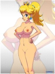 big_breasts blonde_hair boobs breasts confident confidently_naked crown hairless_pussy layerth looking_at_viewer mario_(series) naked nintendo nipples nude ponytail princess_peach pussy royalty sexy smile