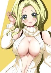 blonde_hair blush boob_window breasts cleavage d4dj navel sasago_jennifer_yuka shoulders smile sweater turtleneck yellow_eyes yualo