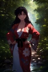 1girls ai_generated anime_style black_hair cleavage curvy curvy_figure detailed_background female female_only forest hand_on_hip inuyasha kagome_higurashi kimono long_hair looking_at_viewer medium_breasts nature outdoors red_kimono self_upload smile solo stable_diffusion