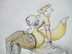 4:3 anthro areola armwear bandai_namco big_breasts boysa_228 breasts bridal_gauntlets clothing dialogue digimon digimon_(species) female fishnet_clothing fishnet_legwear fishnet_thigh_highs legwear nipples renamon solo tail thick_thighs thigh_highs yin_yang