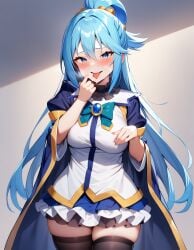 1girls ai_generated aqua_(konosuba) blue_eyes blue_hair clothed cum cum_on_face finger_in_mouth kono_subarashii_sekai_ni_shukufuku_wo! long_hair morindar tongue tongue_out