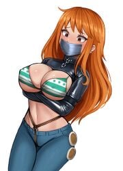 1girl bikini_top bolero_straitjacket crotch_rope denim_jeans female jeans long_hair midriff nami nami_(one_piece) negieggy nipples_bulge no_background one_piece orange_hair straitjacket tape_gag worried