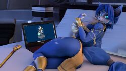 absurd_res anthro ass bed big_breasts big_butt blue_eyes breasts canid canine computer e621 electronics female fox furniture furry_ghosty hi_res krystal krystal_(star_fox) looking_back mammal nintendo solo star_fox tail