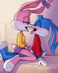 1boy 1boy1girl 1boys 1girl 1girls 2022 2022s 4_fingers absurd_res absurdres anthro anthro_female anthro_male anthrofied babs_bunny black_eyes blue_body blue_fur blush bodily_fluids bottomless bottomwear buster_bunny canon_couple clothed clothing digital_media_(artwork) duo erection eye_contact female female_anthro female_on_top fingers fur furniture furry furry_female furry_male genitals gloves handwear hi_res imminent_sex lagomorph leporid loodncrood looking_at_another male male/female male_focus male_on_bottom male_only mammal multicolored_body multicolored_fur on_bottom on_sofa on_top open_mouth open_smile paws penis pink_body pink_fur purple_eyes purple_skirt rabbit romantic saliva saliva_string shirt sitting sitting_on_sofa skirt smile sofa tail tiny_toon_adventures tongue tongue_out topwear two_tone_body two_tone_fur warner_bros warner_brothers white_body white_clothing white_fur white_gloves white_handwear