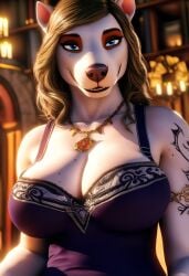 3d ai_generated animal_ears animal_nose anthro anthro_only armband blonde_hair blue_eyes cleavage dog_girl dress eye_spots eyeshadow eyespots female female_focus female_only furry_focus furry_only large_breasts long_hair majorfluffy medieval medieval_background necklace novelai pitbull safe_for_work solo_focus tattoo wavy_hair white_body