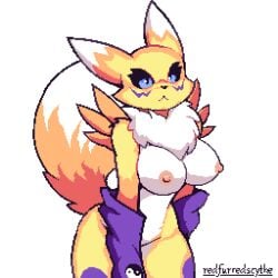 2024 anthro areola bandai_namco big_breasts black_nose black_sclera blue_eyes bored breasts canid canine clothing digimon digimon_(species) digital_media_(artwork) female fox fur fur_markings gloves handwear hi_res mammal markings neck_tuft nipples pixel_(artwork) purple_markings redfurredscythe renamon solo tail tuft white_body white_fur yellow_body yellow_fur