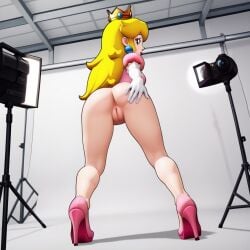 1girls ai_generated dress dress_lift hand_on_butt leviaceon looking_at_viewer looking_back mario_and_luigi:_brothership mario_and_luigi_(series) nintendo nintendo_switch presenting_pussy princess_peach pussy solo solo_focus standing super_mario_bros.