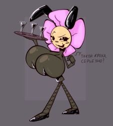 battle_for_dream_island bfdi big_breasts blueruchka breasts bunnysuit cups fishnet_legwear flower_(bfdi) heels holding_object holding_plate object_show object_shows rabbit_ears russian_text solo